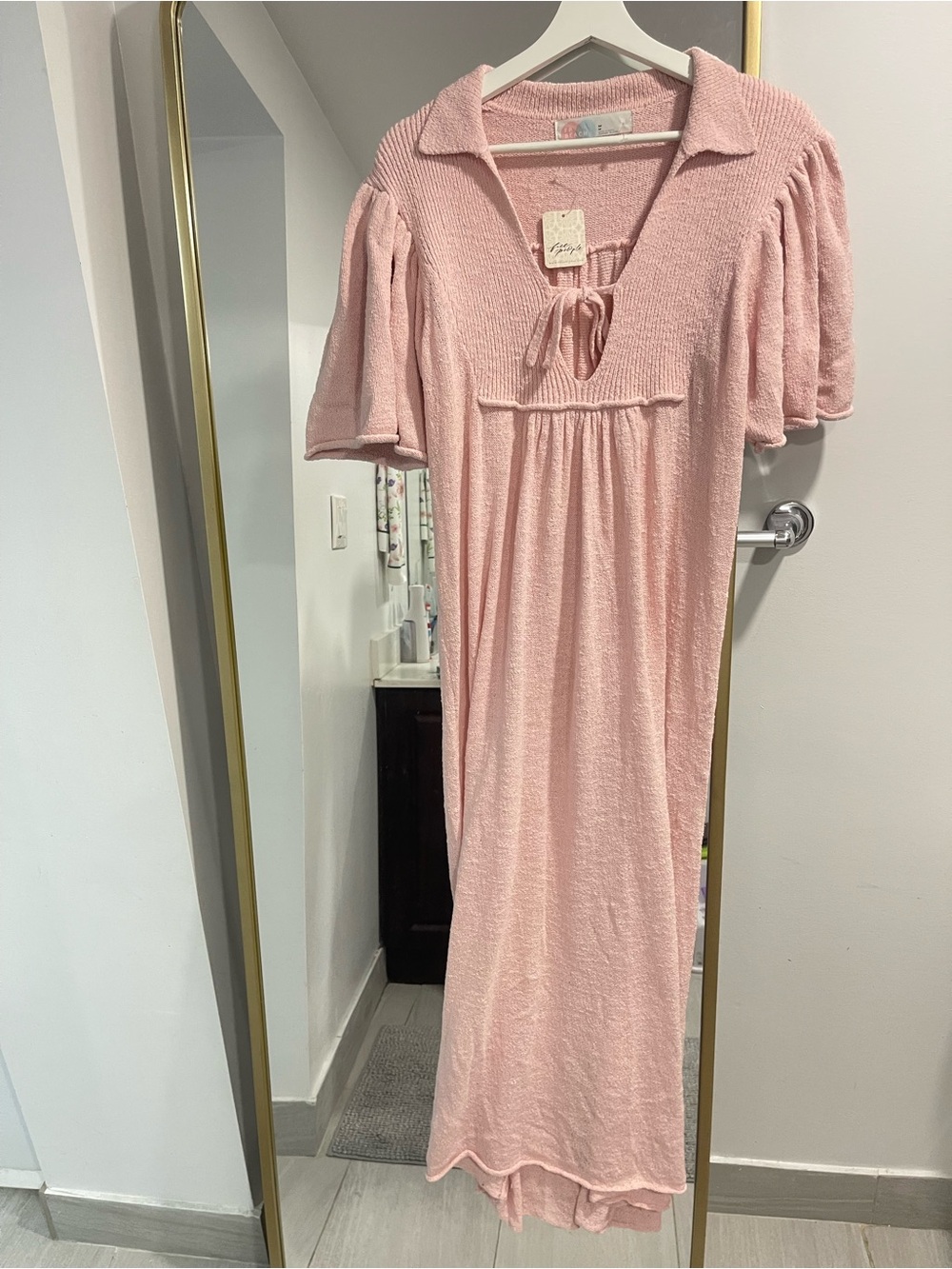 NWT Free People FP Beach Pink Knit Maxi Dress Boho Collar Flutter Sleeve Medium - Picture 3 of 6